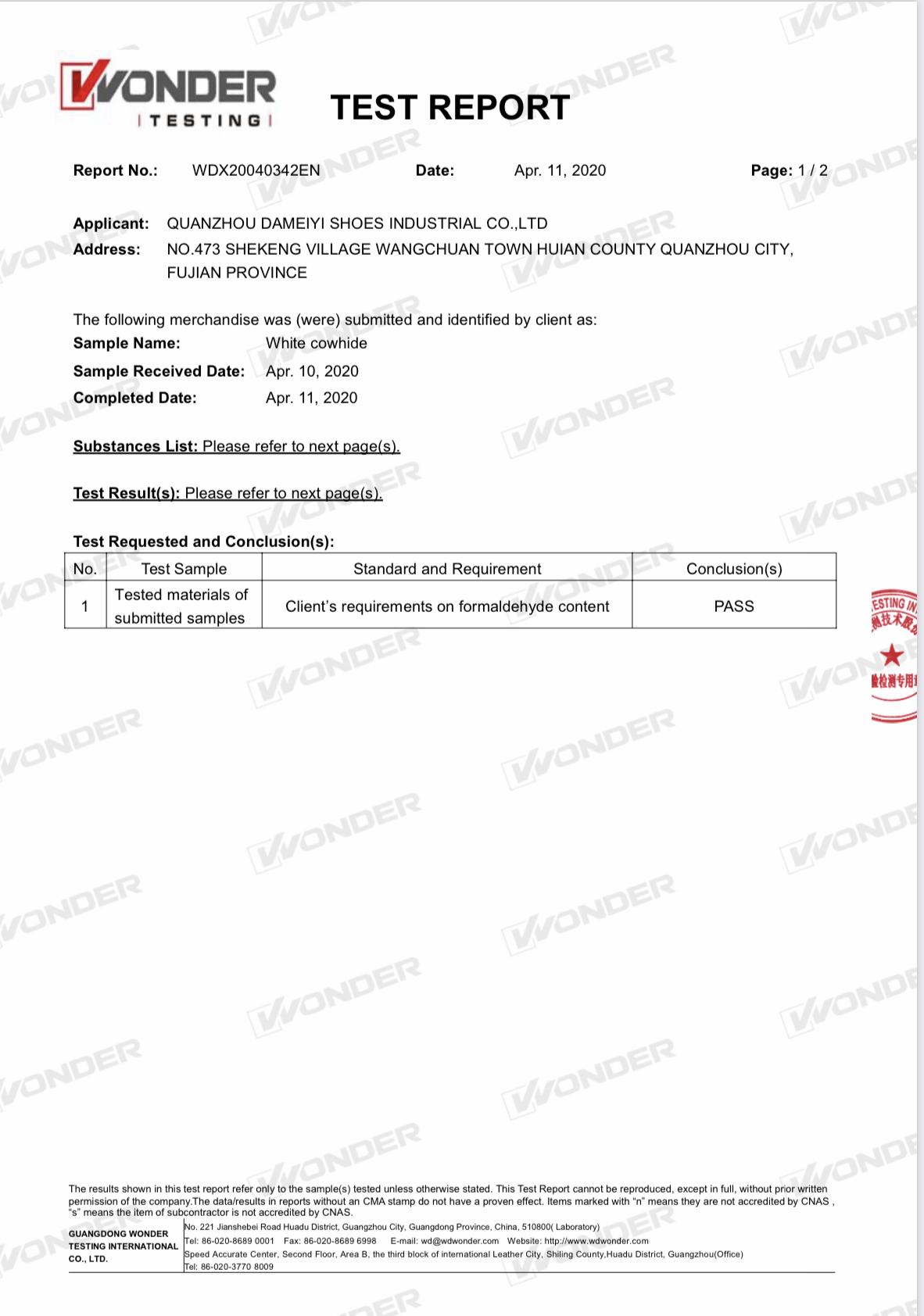 Leather Formaldehyde Test Pass